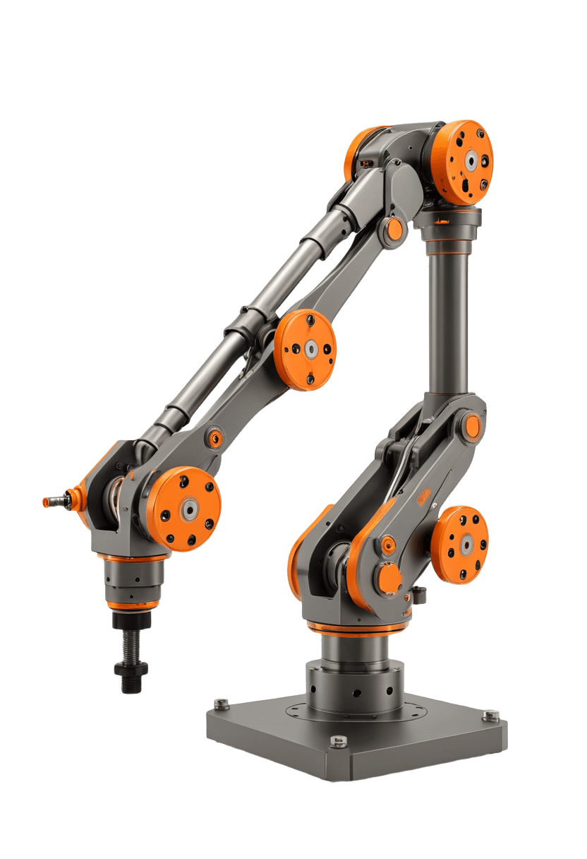 Industrieller Mehrachs-Robotergreifarm mit orangefarbenen Gelenkringen, freigestellt vor schwarzem Hintergrund