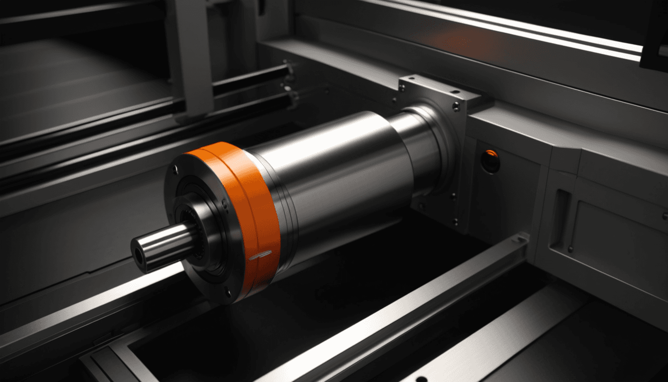 Dunkle Nahaufnahme einer auf Schienen herausgefahrenen Antriebsspindel mit orangefarbenem Anzeigering am zugänglichen Servicebereich